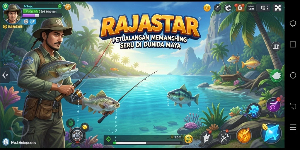 Screenshot gameplay RAJASTAR menampilkan aksi memancing yang seru.