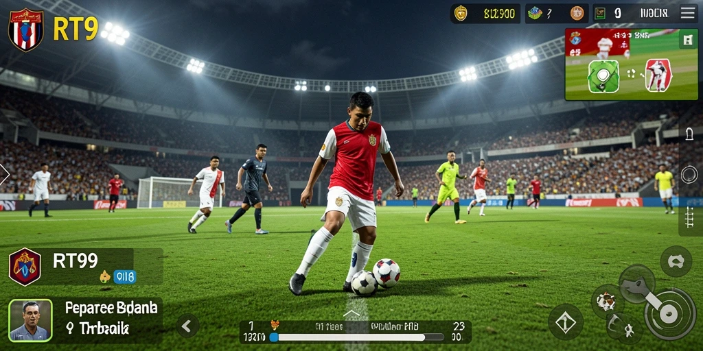 Tampilan gameplay mendebarkan dalam RT99 dengan aksi sepak bola intens.