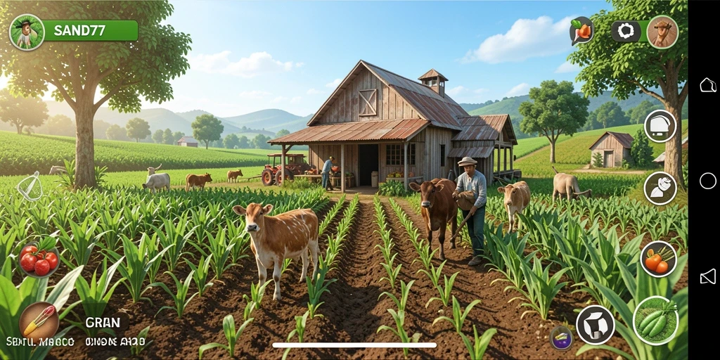 Screenshot gameplay SAND77 menunjukkan aktivitas bertani yang seru.
